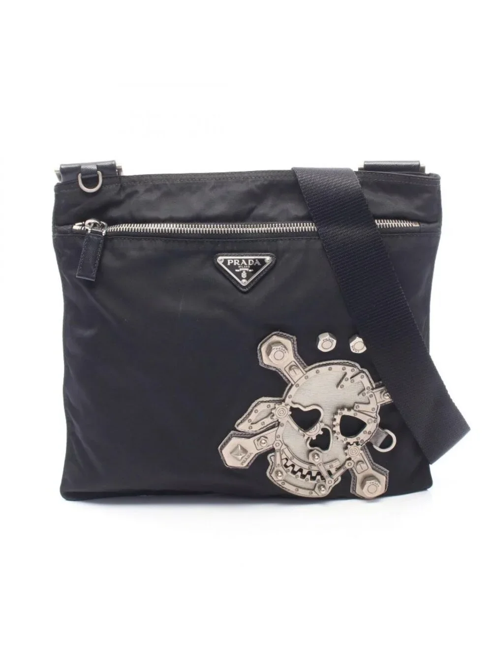 Prada Shoulder Bag Skull Studs Triangle Logo Black Silver Nylon Leather
